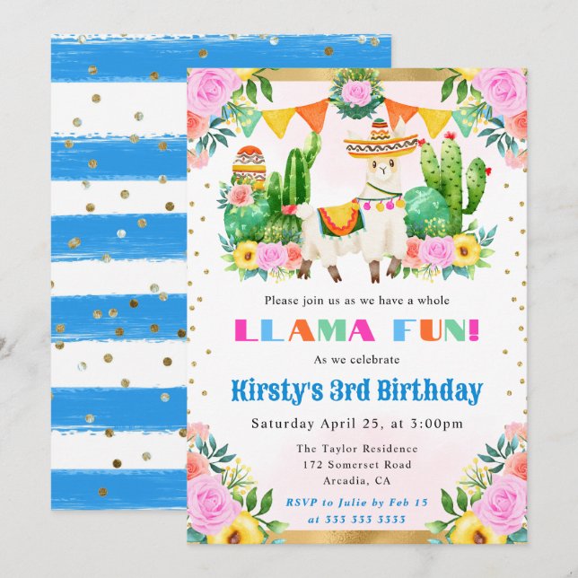 Summer Floral Llama Kindergeburtstag Einladung (Vorne/Hinten)