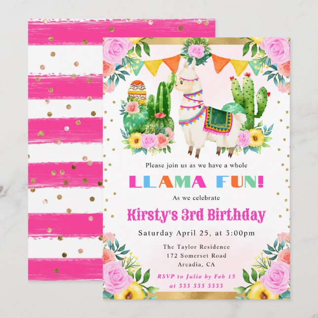 Summer Floral Llama Kindergeburtstag Einladung (Vorne/Hinten)