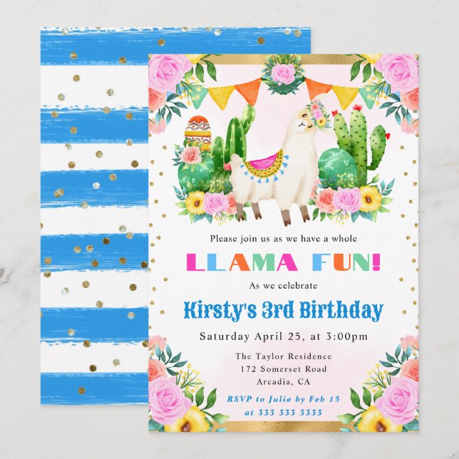 Summer Floral Llama Kindergeburtstag Einladung (Vorne/Hinten)