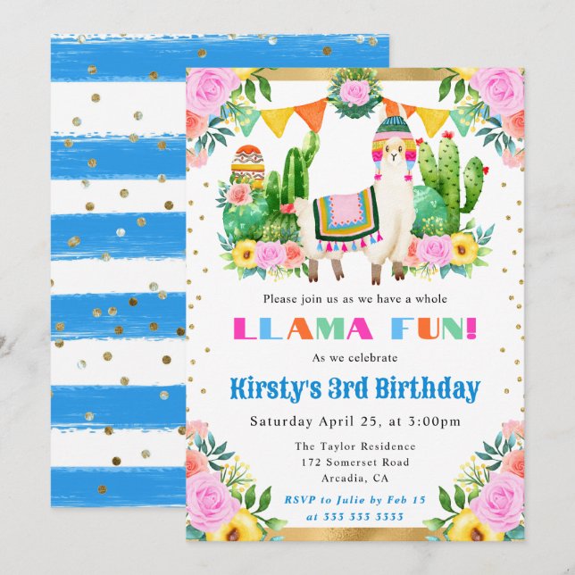 Summer Floral Llama Kindergeburtstag Einladung (Vorne/Hinten)