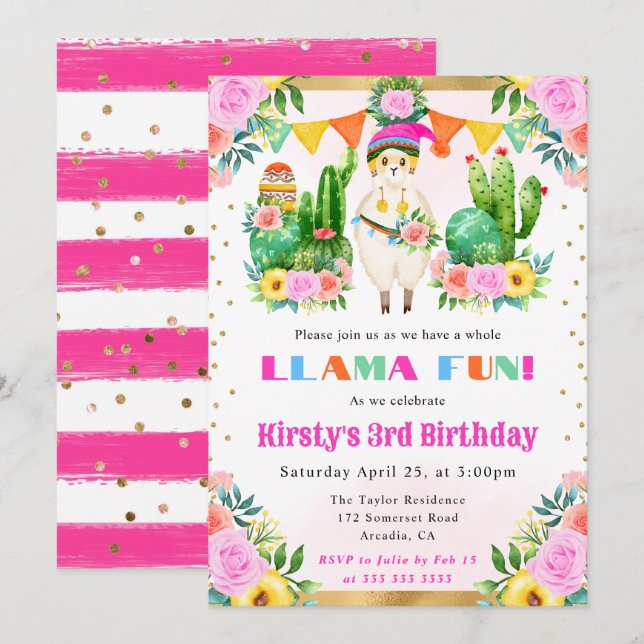 Summer Floral Llama Kindergeburtstag Einladung (Vorne/Hinten)
