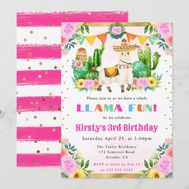 Summer Floral Llama Kindergeburtstag Einladung (Vorne/Hinten)