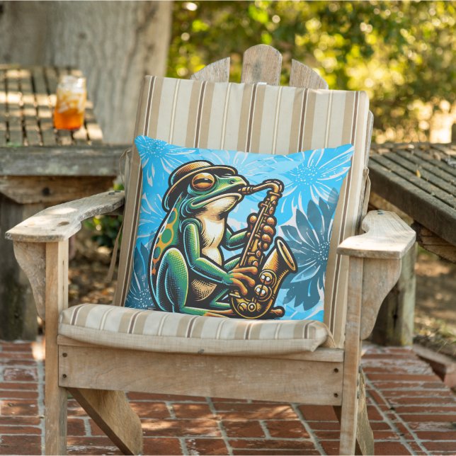 Summer Fresh Blue, Saxophone Frosch Outdoor Pillow Kissen (Stuhl )