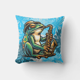 Summer Fresh Blue, Saxophone Frosch Outdoor Pillow Kissen