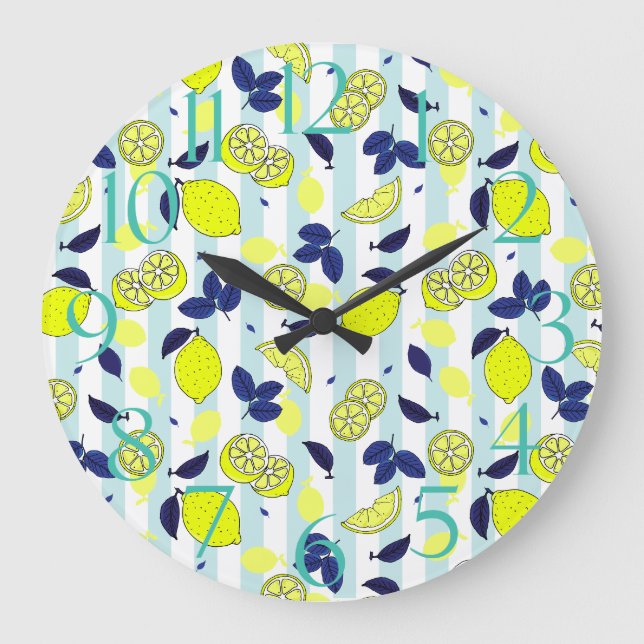 Summer Fruit Muster Gelbe Zitronen auf blauen Stre Große Wanduhr (Vorderseite)