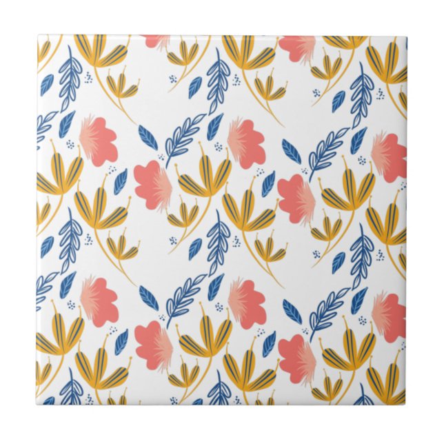 Summer Garden Blue Yellow Coral Florals Fliese (Vorderseite)