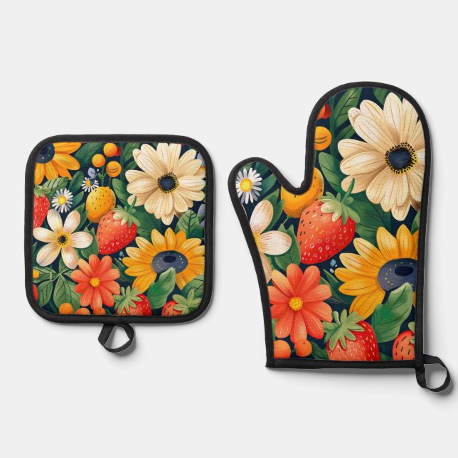 Summer Garden Blume Erdbeeren Muster Ofenhandschuh & Topflappen-Set (Vorderseite)
