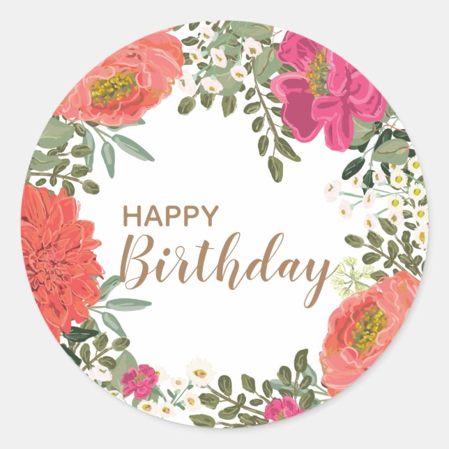 Summer Garden Floral Joy Happy Birthday Runder Aufkleber (Vorderseite)