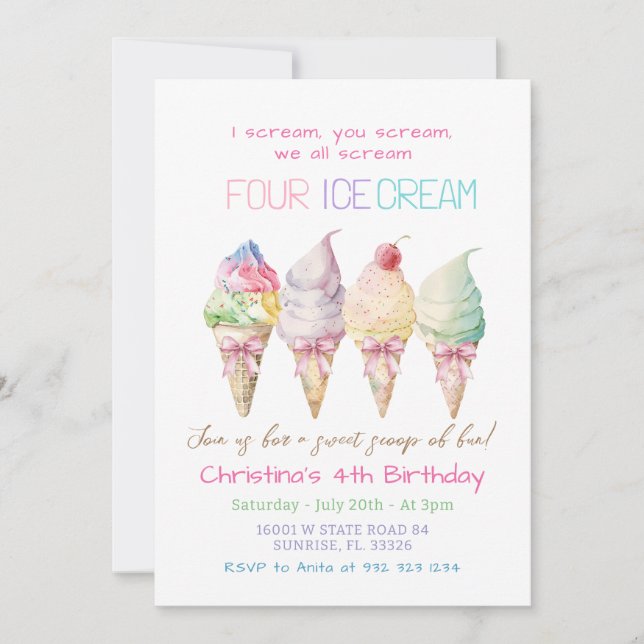 Summer Girl Ice Cream 4th Birthday Invitation (Devant)