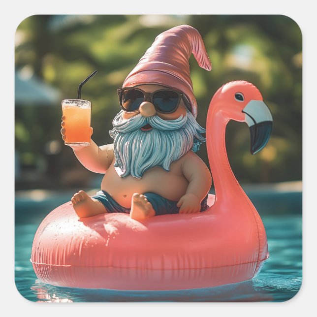 Summer Gnome in Sonnenbrille auf Flamingo Float Quadratischer Aufkleber (Vorderseite)