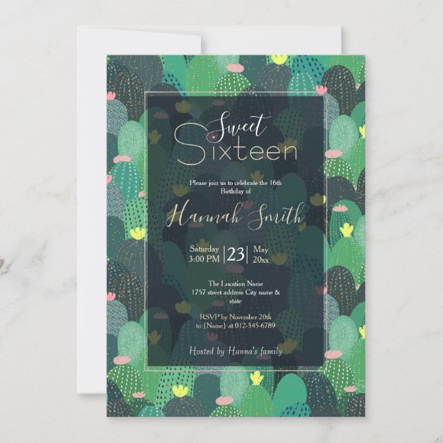Summer Green Aquamarin Cactus Gold dots Niedliches Einladung (Vorderseite)