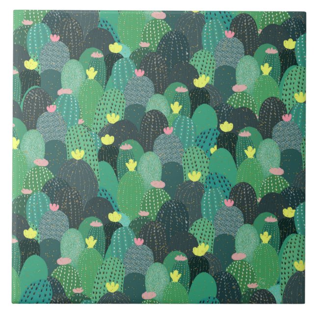 Summer Green Aquamarin Cactus Gold dots Niedliches Fliese (Vorderseite)