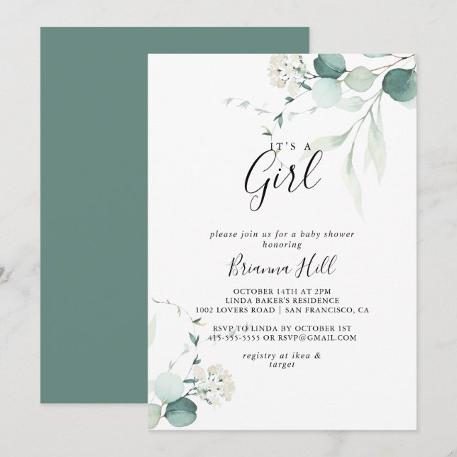Summer Green Eucalyptus Es ist eine Girl Baby Dusc Einladung (Vorne/Hinten)