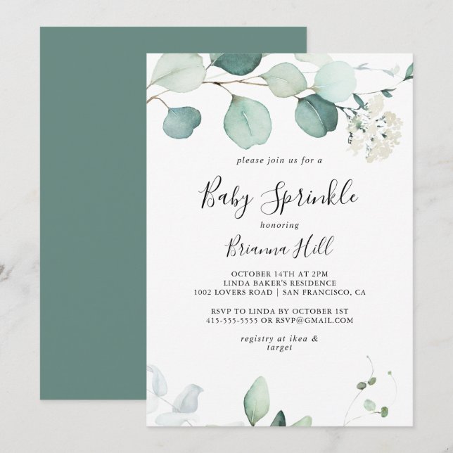 Summer Green Eucalyptus Foliage Baby Sprinkle Einladung (Vorne/Hinten)