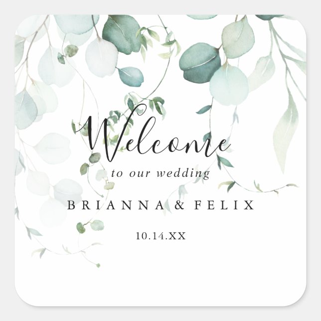Summer Green Eucalyptus Foliage Wedding Willkommen Quadratischer Aufkleber (Vorderseite)