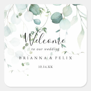 Summer Green Eucalyptus Foliage Wedding Willkommen Quadratischer Aufkleber