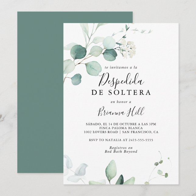 Summer Green Eucalyptus Spanish Brautparty Einladung (Vorne/Hinten)