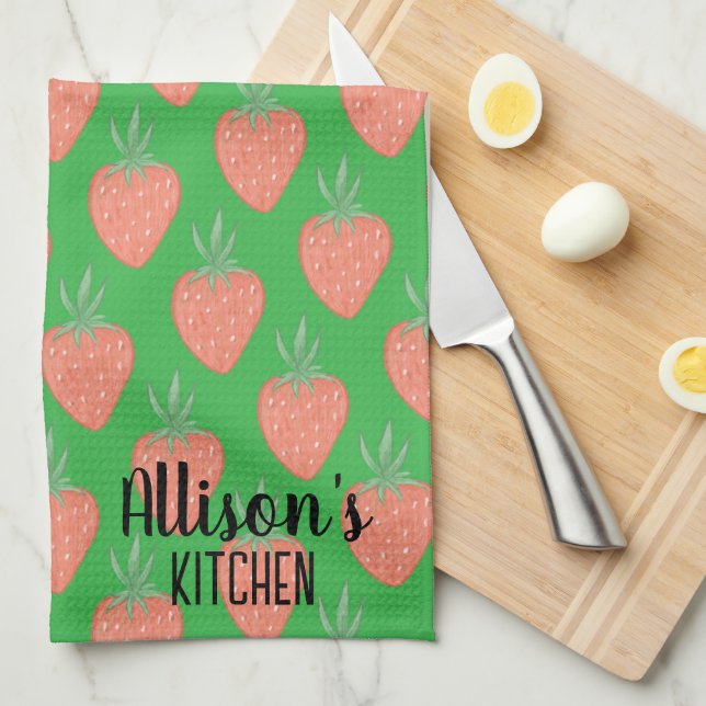 🍓 Summer Green+ Red Watercolor Erdbeermuster Geschirrtuch (Viertel Falte)
