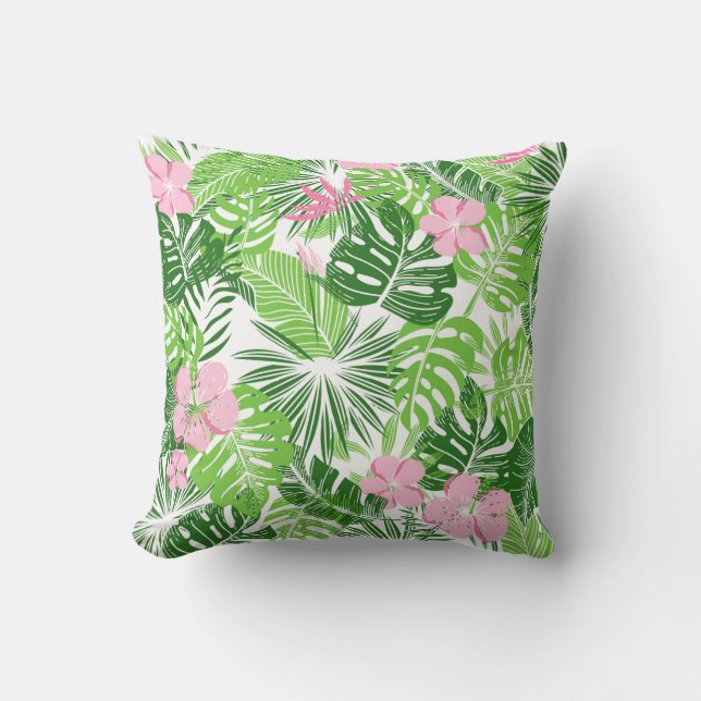 Summer Green Tropical Blätter Rosa Blumenmuster Kissen (Vorderseite)