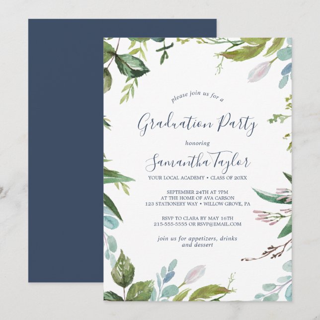Summer Greenery Graduation Party Einladung (Vorne/Hinten)