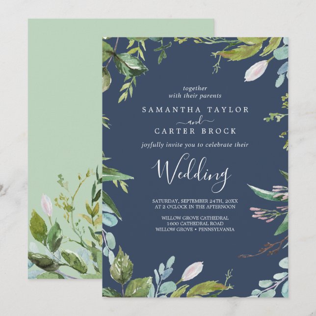 Summer Greenery | Hochzeit der Marine Einladung (Vorne/Hinten)