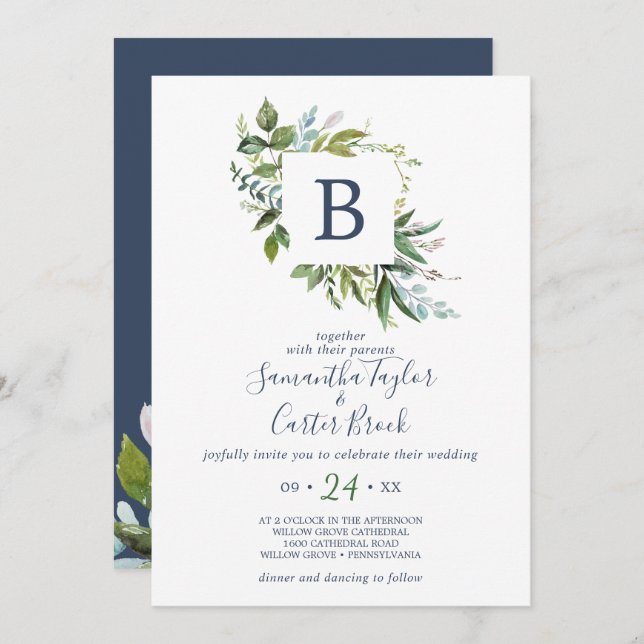 Summer Greenery Monogram Wedding Einladung (Vorne/Hinten)