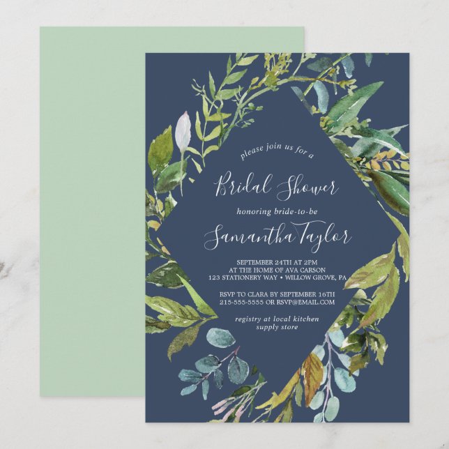 Summer Greenery Navy Diamond Wreath Brautparty Einladung (Vorne/Hinten)