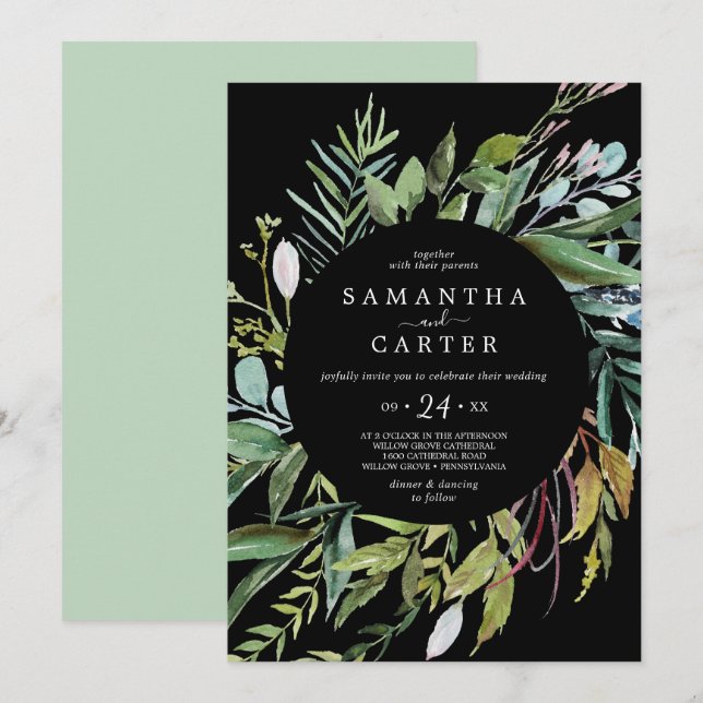Summer Greenery | Schwarze Lässige Hochzeitseinlad Einladung (Vorne/Hinten)