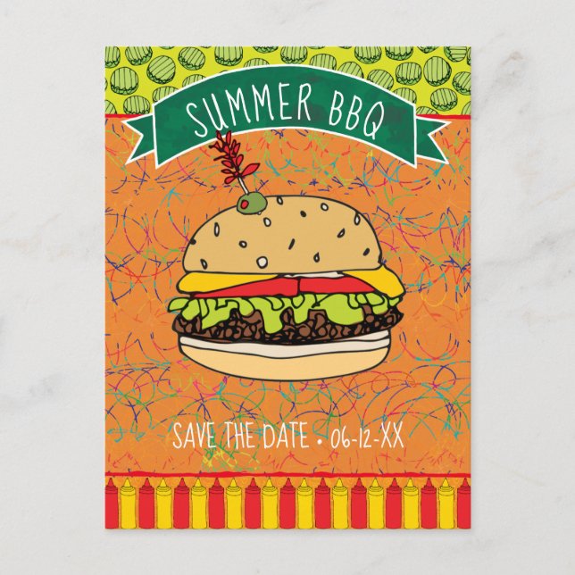 Summer GRILLEN Hamburger Save the Date Einladung Postkarte (Vorderseite)