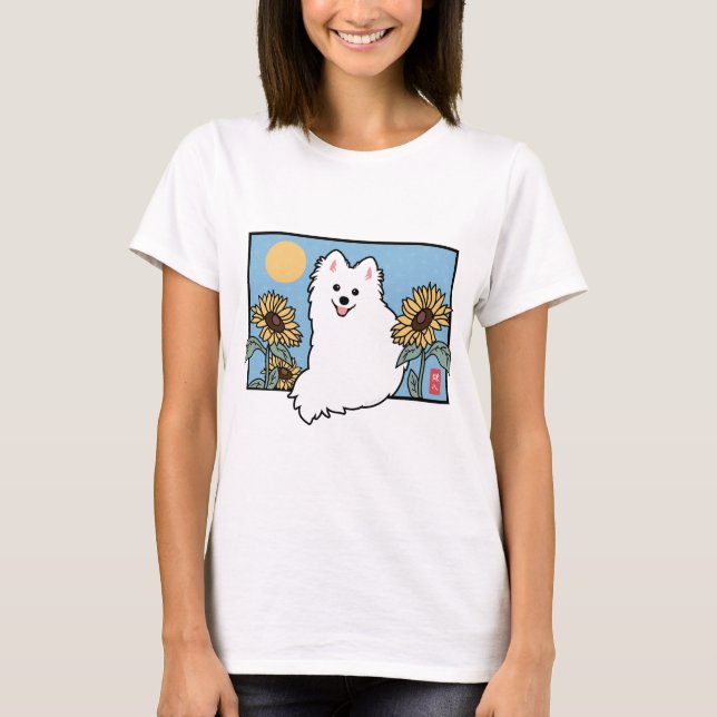 Summer Happy Spitz Hund sitzend mit Sonnenblumen T-Shirt (Vorderseite)