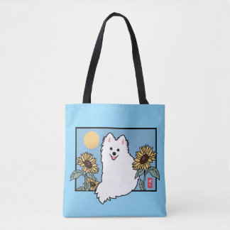 Summer Happy Spitz Hund sitzend mit Sonnenblumen Tasche