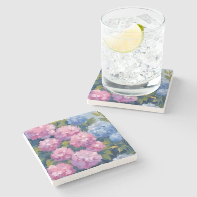 Summer Hydrangeas | Pink & Blue Coastal Flowers Steinuntersetzer (Seitenansicht)