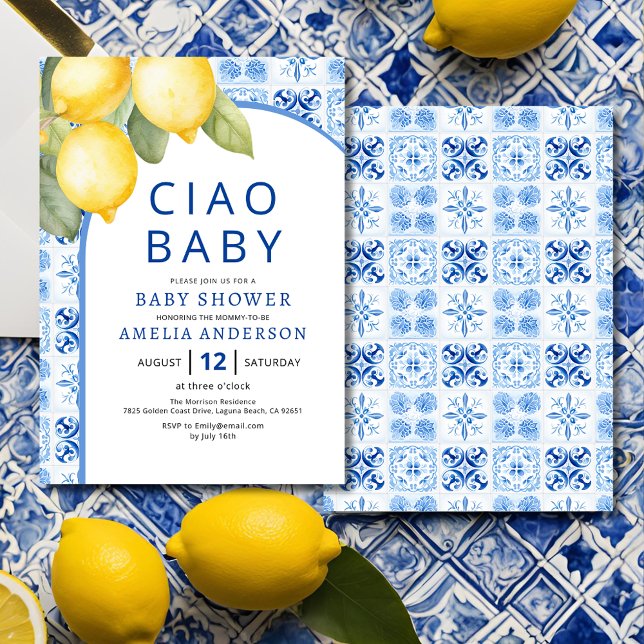 Summer Italian Blue Tiles Lemon Baby Dusche Einladung (Von Creator hochgeladen)