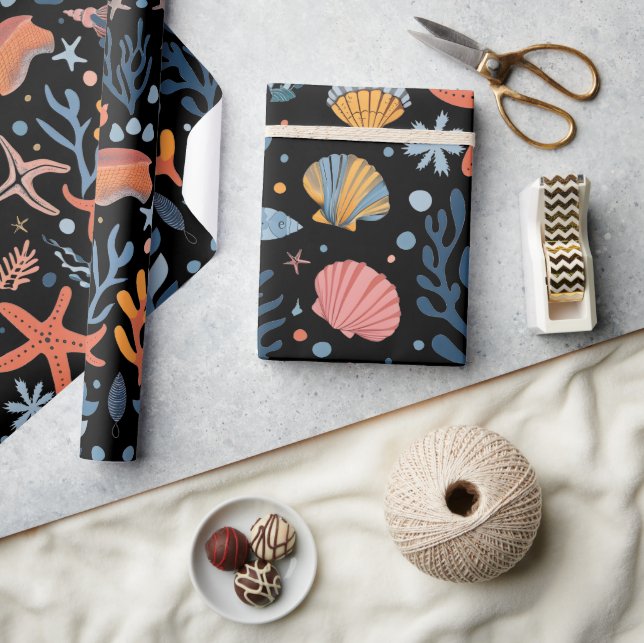 Summer Kid's Birthday Seashells Coral Black Geschenkpapier (Kunsthandwerk)