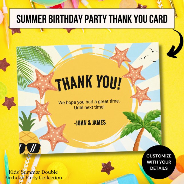 Summer Kids Double Birthday Danke Postcard Postkarte (Von Creator hochgeladen)
