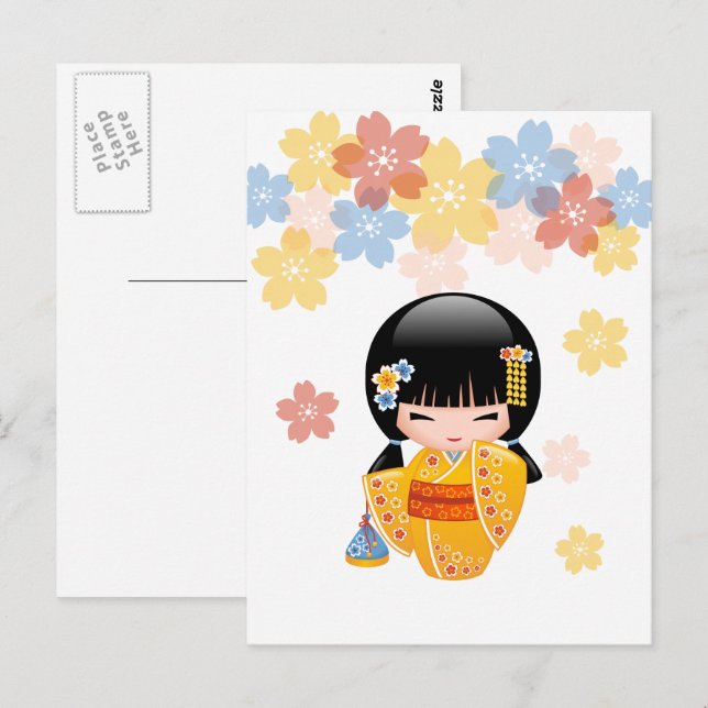 Summer Kokeshi Doll - Gelbes Kimono Beste Wünsche Postkarte (Vorne/Hinten)