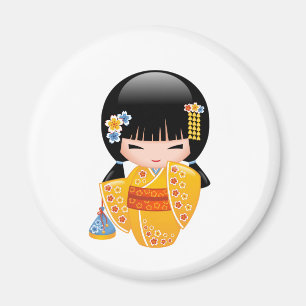 Summer Kokeshi Doll - Yellow Kimono Geisha Girl Magnet