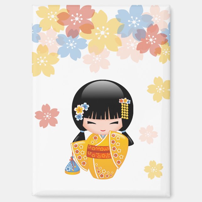 Summer Kokeshi Doll - Yellow Kimono Geisha Girl Magnet (Vorderseite)