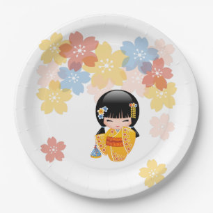 Summer Kokeshi Doll - Yellow Kimono Geisha Girl Pappteller