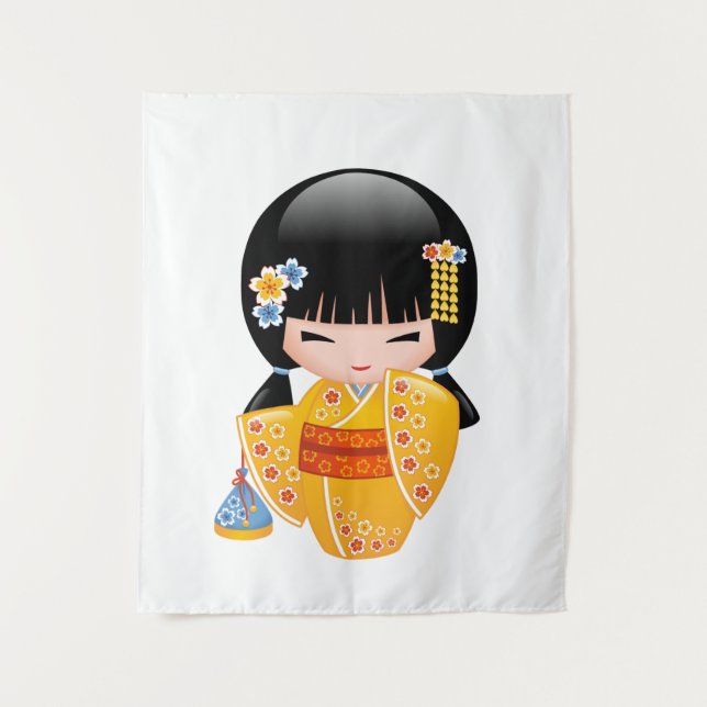 Summer Kokeshi Doll - Yellow Kimono Geisha Girl Wandteppich (Vorderseite)