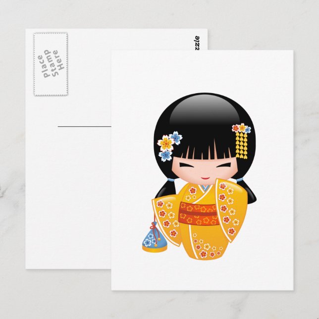 Summer Kokeshi Doll - Yellow Kimono Girl Postkarte (Vorne/Hinten)