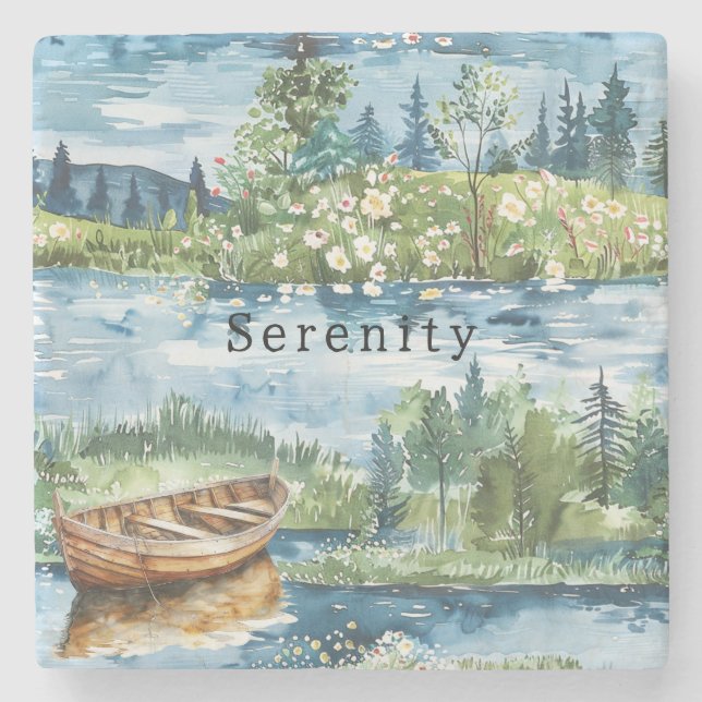 Summer Lake Boat Flowers Serenity Steinuntersetzer (Vorderseite)