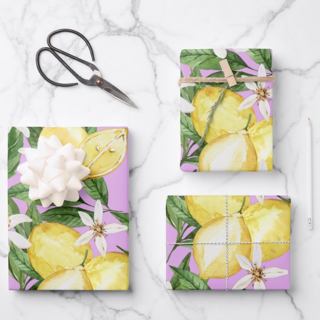 Summer Lemon Blütenmuster auf lila Geschenkpapier Set (Vorderseite)