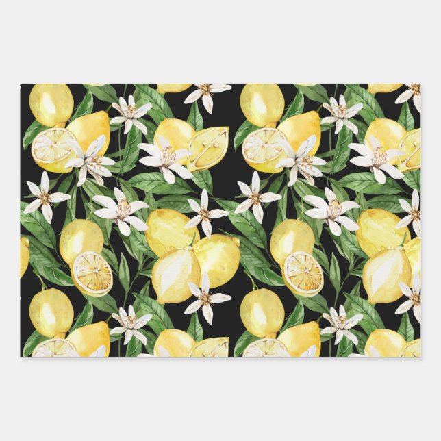 Summer Lemon Blütenmuster auf schwarz Geschenkpapier Set (Vorderseite)