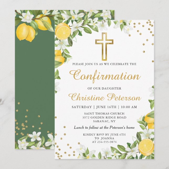 Summer Lemon Greenery Gold Cross Bestätigung Einladung (Vorne/Hinten)