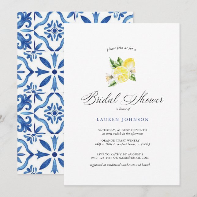 Summer Lemon & Mediterranean Tiles Brautparty Einladung (Vorne/Hinten)