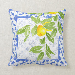 Summer Lemon über Portugiesisch Blau und Weiß Azul Kissen
