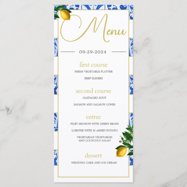 Summer Lemons Blue White Tiles Monogram Menükarte (Vorderseite)