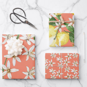 Summer Lemons blühen Muster auf Orange Geschenkpapier Set