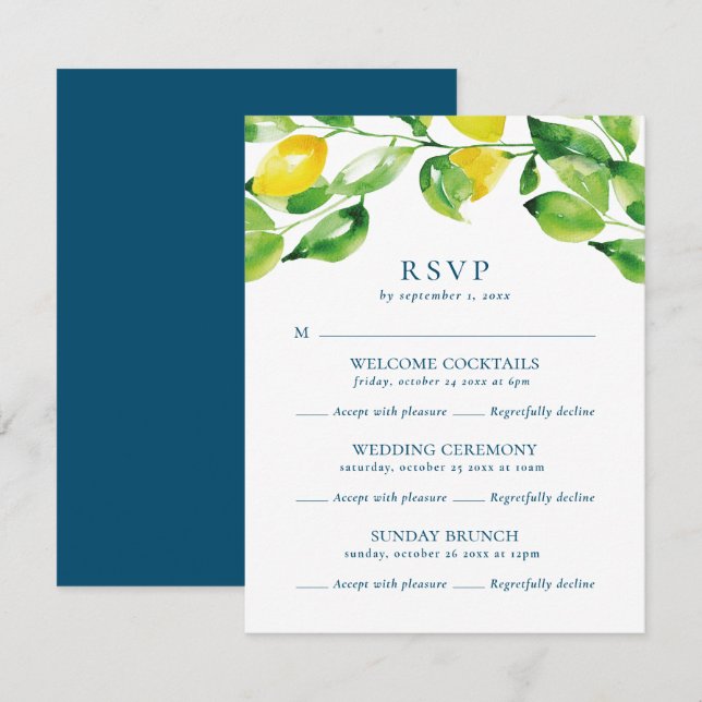 Summer Lemons und Foliage Multi Event Hochzeit RSVP Karte (Vorne/Hinten)